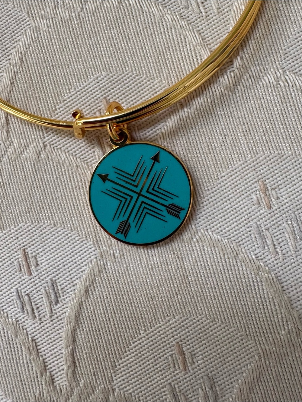 Alex and Ani “Arrows of Friendship” Gold Bangle Bracelet w/teal enamel charm